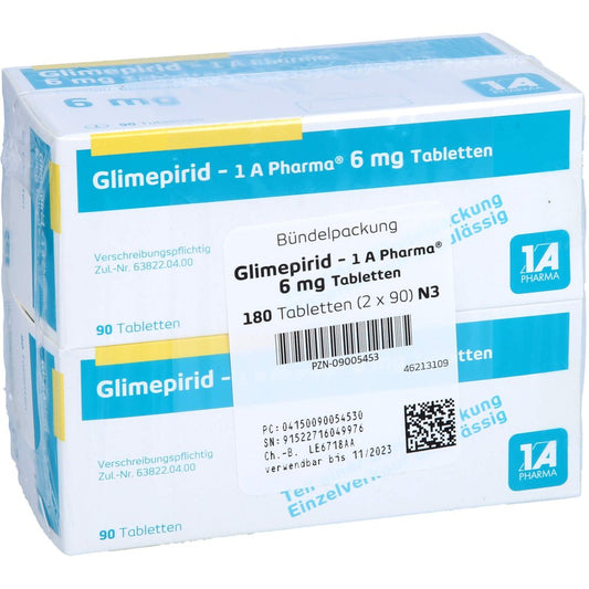 Das Produktfoto zeigt Glimepirid-1a Pharma 6 Mg Tabletten (180 stk) PZN 09005453