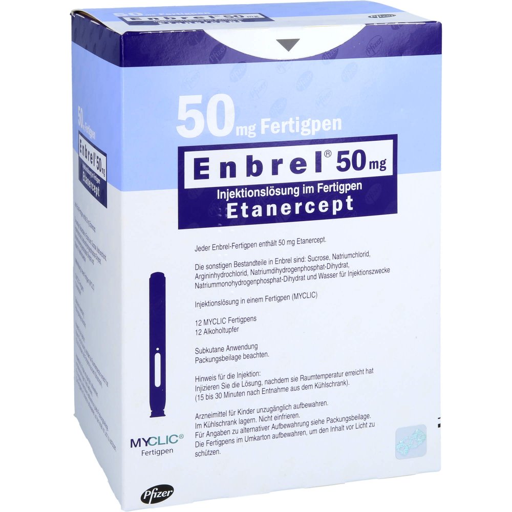 Das Produktfoto zeigt Enbrel 50 Mg Myclic Injektionslösung I.E.Fertigpen (12 stk) PZN 09008256