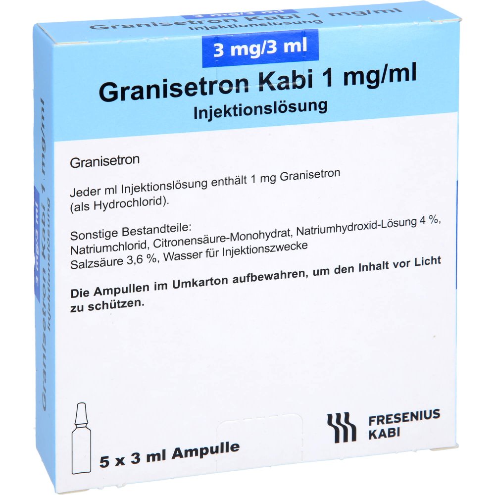 Das Produktfoto zeigt Granisetron Kabi 3 Mg/3 Ml Injektionslösung (5X3 ml) PZN 09008865