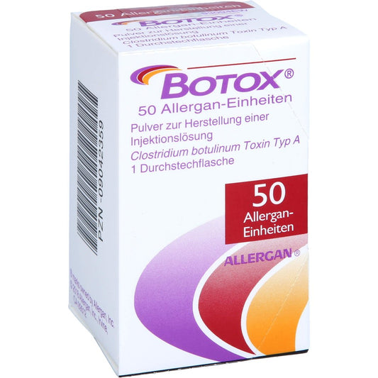 Das Produktfoto zeigt Botox 50 Allergan-Einheiten Plv.Z.Her.E.Inj.-Lsg. (1 stk) PZN 09042359