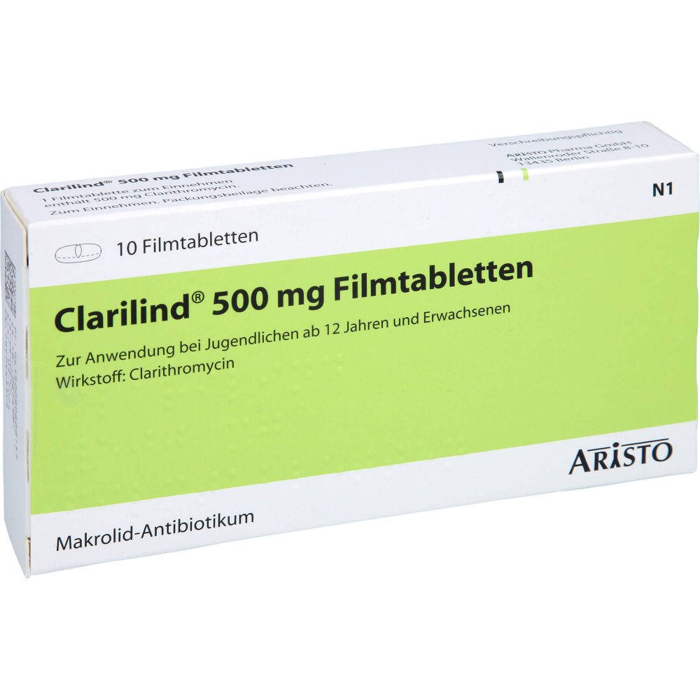 Das Produktfoto zeigt Clarilind 500 Mg Filmtabletten (10 stk) PZN 09060015