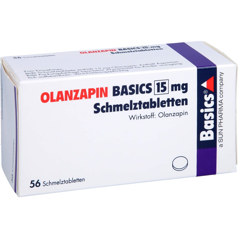 Das Produktfoto zeigt Olanzapin Basics 15 Mg Schmelztabletten (56 stk) PZN 09060067