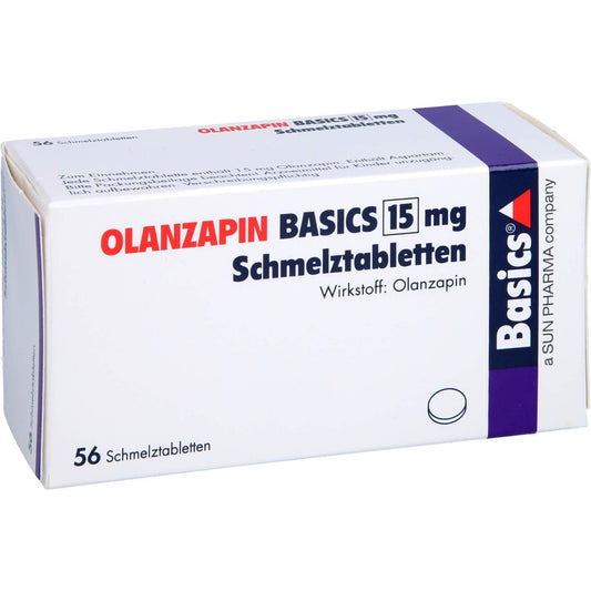 Das Produktfoto zeigt Olanzapin Basics 15 Mg Schmelztabletten (56 stk) PZN 09060067