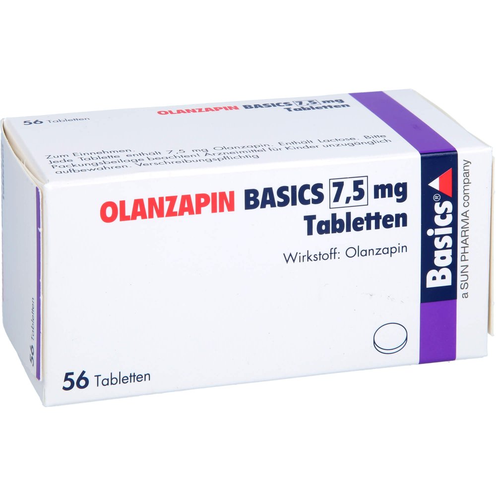 Das Produktfoto zeigt Olanzapin Basics 7,5 Mg Tabletten (56 stk) PZN 09060110