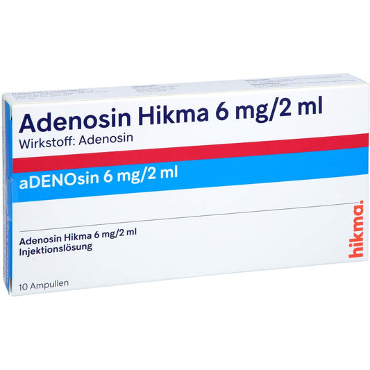 Das Produktfoto zeigt Adenosin Hikma 6 Mg/2 Ml Injektionslösung Amp. (10 stk) PZN 09060400