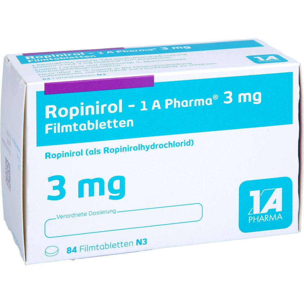 Das Produktfoto zeigt Ropinirol-1a Pharma 3 Mg Filmtabletten (84 stk) PZN 09062416