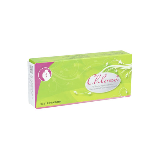 Das Produktfoto zeigt Chloee 0,03 Mg/2 Mg Filmtabletten (3X21 stk) PZN 09063901