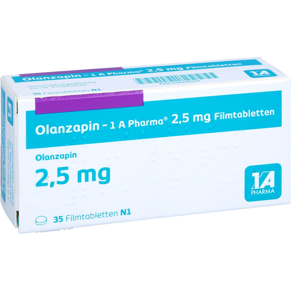 Das Produktfoto zeigt Olanzapin-1a Pharma 2,5 Mg Filmtabletten (35 stk) PZN 09064007