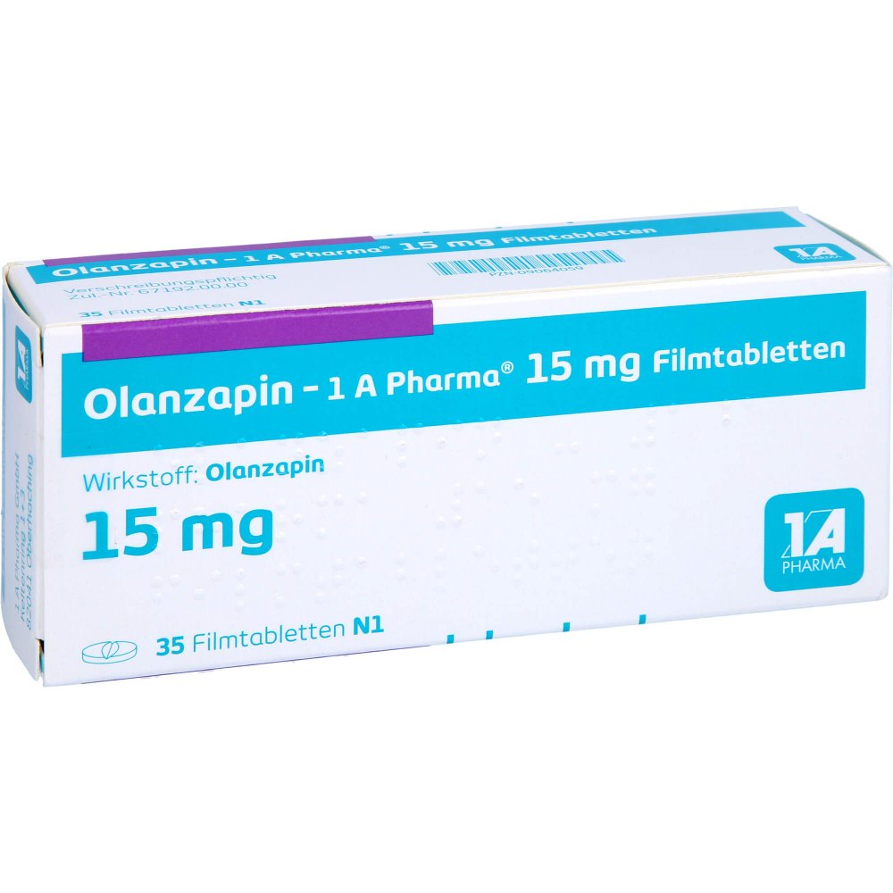 Das Produktfoto zeigt Olanzapin-1a Pharma 15 Mg Filmtabletten (35 stk) PZN 09064059
