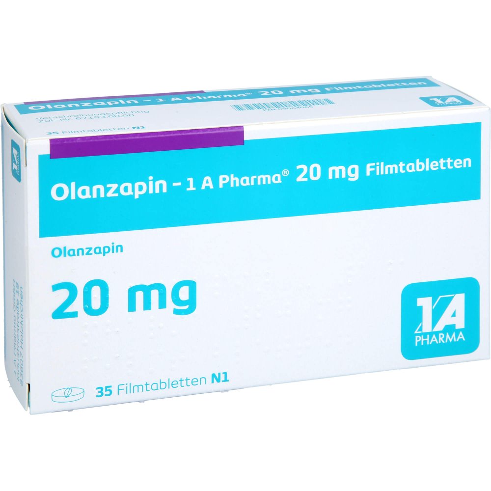 Das Produktfoto zeigt Olanzapin-1a Pharma 20 Mg Filmtabletten (35 stk) PZN 09064065