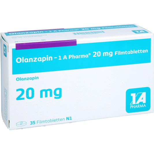 Das Produktfoto zeigt Olanzapin-1a Pharma 20 Mg Filmtabletten (35 stk) PZN 09064065