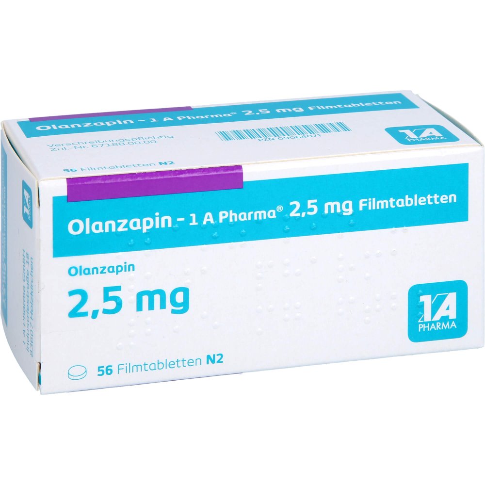 Das Produktfoto zeigt Olanzapin-1a Pharma 2,5 Mg Filmtabletten (56 stk) PZN 09064071