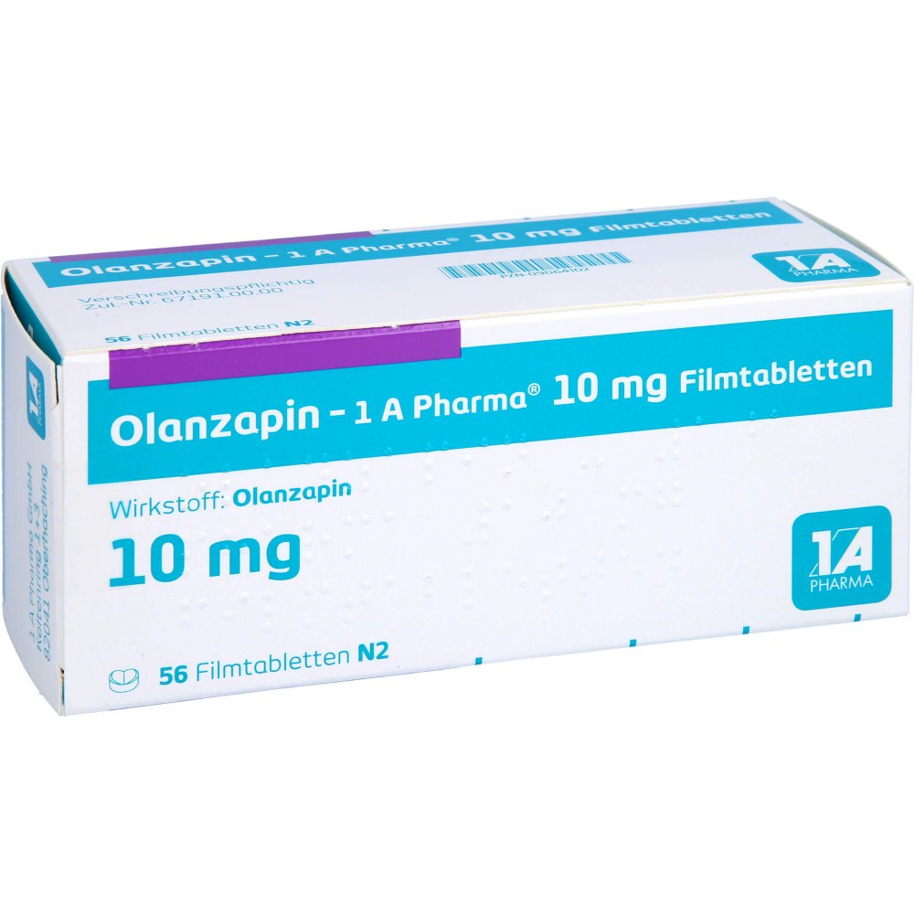 Das Produktfoto zeigt Olanzapin-1a Pharma 10 Mg Filmtabletten (56 stk) PZN 09064102