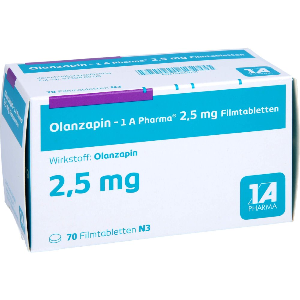 Das Produktfoto zeigt Olanzapin-1a Pharma 2,5 Mg Filmtabletten (70 stk) PZN 09064131