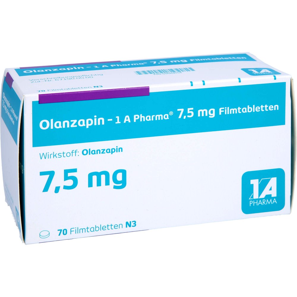 Das Produktfoto zeigt Olanzapin-1a Pharma 7,5 Mg Filmtabletten (70 stk) PZN 09064154