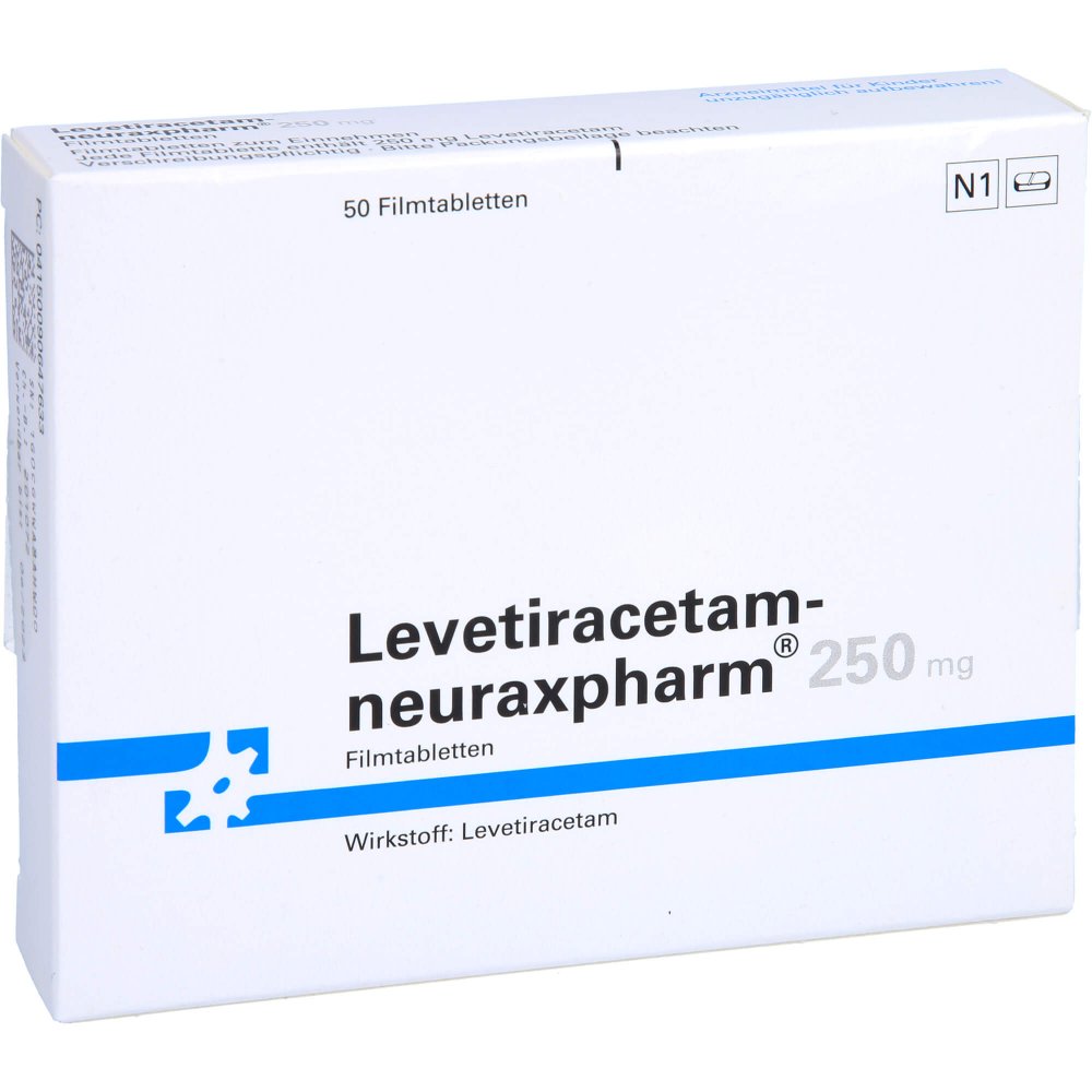 Das Produktfoto zeigt Levetiracetam-Neuraxpharm 250 Mg Filmtabletten (50 stk) PZN 09064763