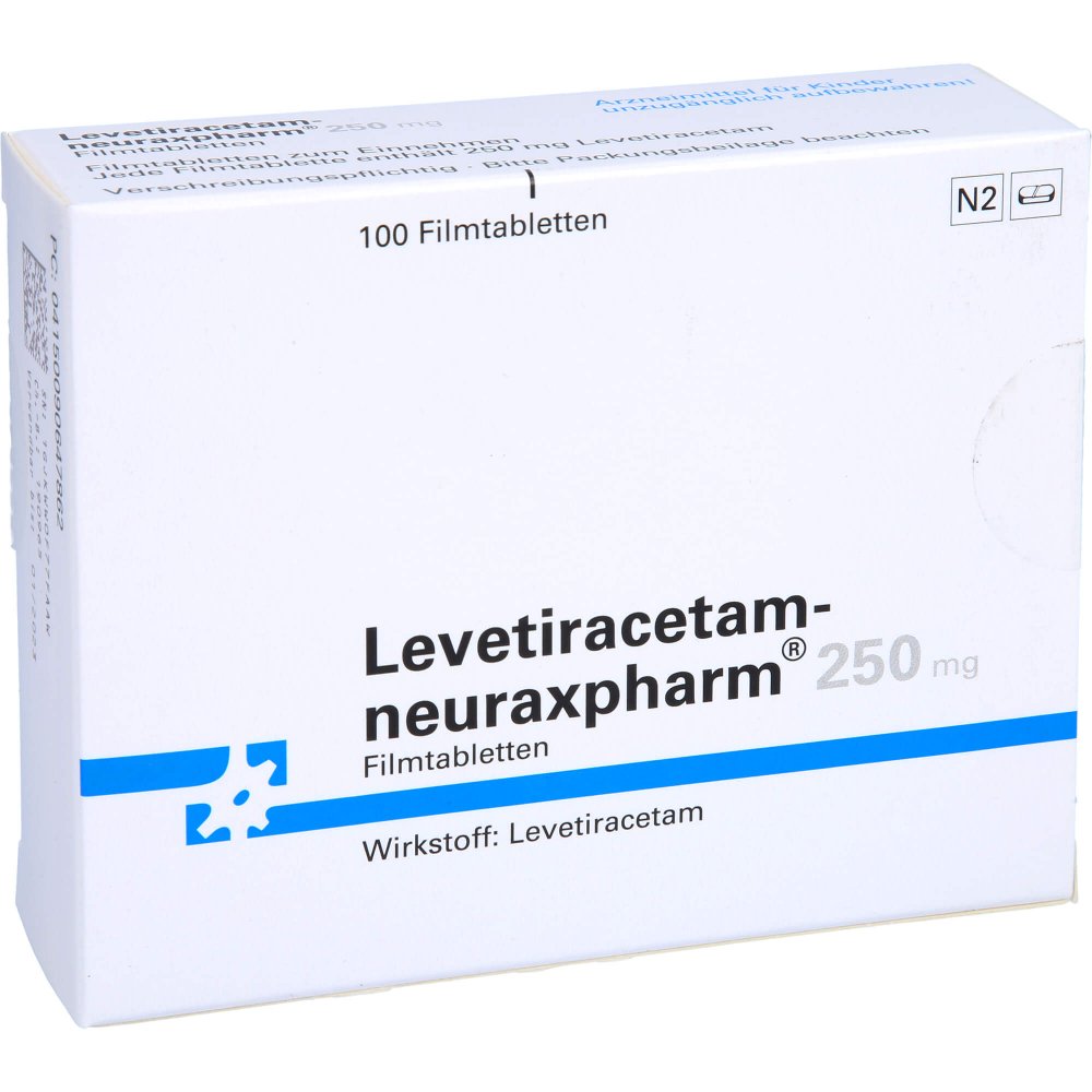 Das Produktfoto zeigt Levetiracetam-Neuraxpharm 250 Mg Filmtabletten (100 stk) PZN 09064786