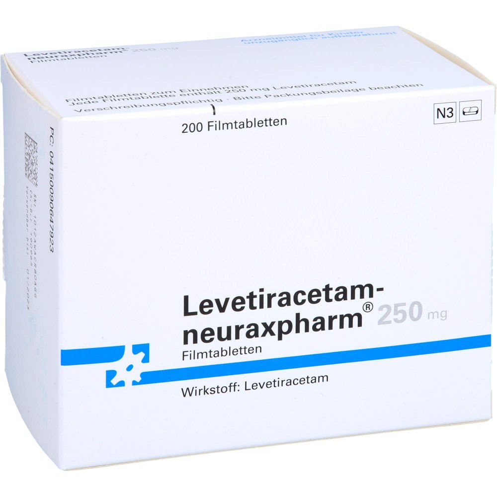 Das Produktfoto zeigt Levetiracetam-Neuraxpharm 250 Mg Filmtabletten (200 stk) PZN 09064792