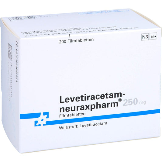 Das Produktfoto zeigt Levetiracetam-Neuraxpharm 250 Mg Filmtabletten (200 stk) PZN 09064792