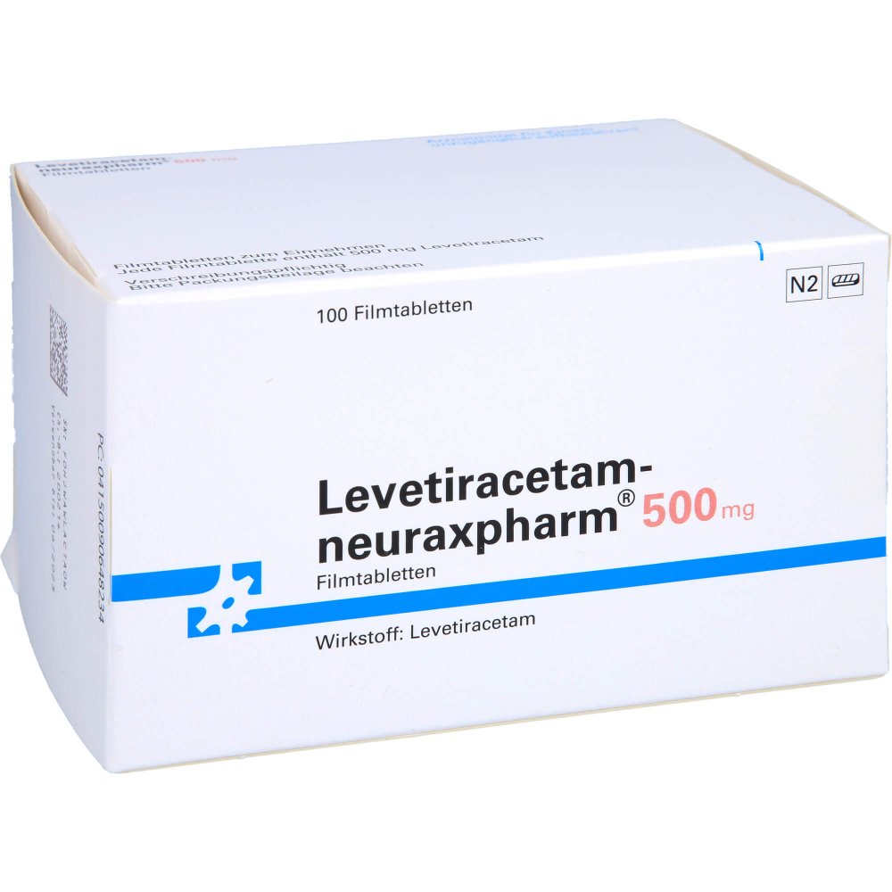 Das Produktfoto zeigt Levetiracetam-Neuraxpharm 500 Mg Filmtabletten (100 stk) PZN 09064823