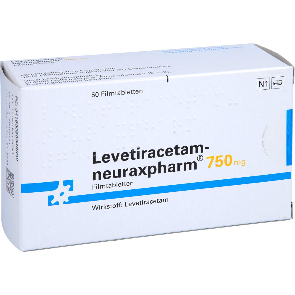 Das Produktfoto zeigt Levetiracetam-Neuraxpharm 750 Mg Filmtabletten (50 stk) PZN 09064869