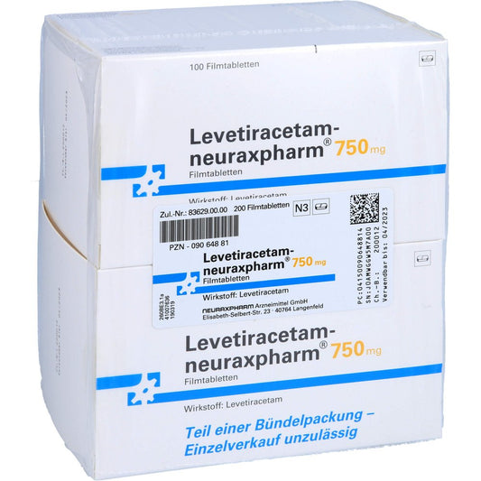 Das Produktfoto zeigt Levetiracetam-Neuraxpharm 750 Mg Filmtabletten (200 stk) PZN 09064881