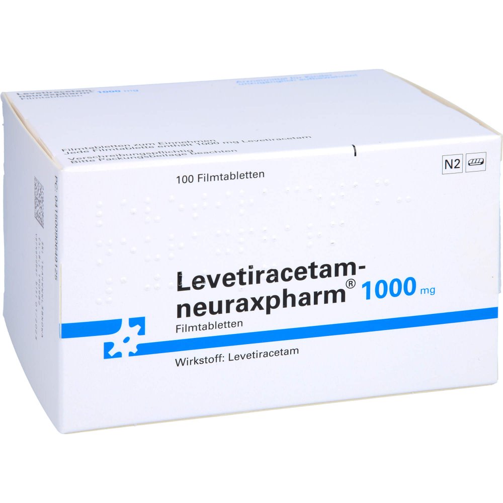Das Produktfoto zeigt Levetiracetam-Neuraxpharm 1000 Mg Filmtabletten (100 stk) PZN 09064912