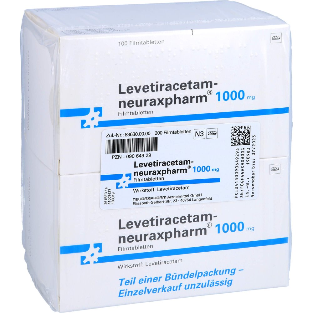 Das Produktfoto zeigt Levetiracetam-Neuraxpharm 1000 Mg Filmtabletten (200 stk) PZN 09064929