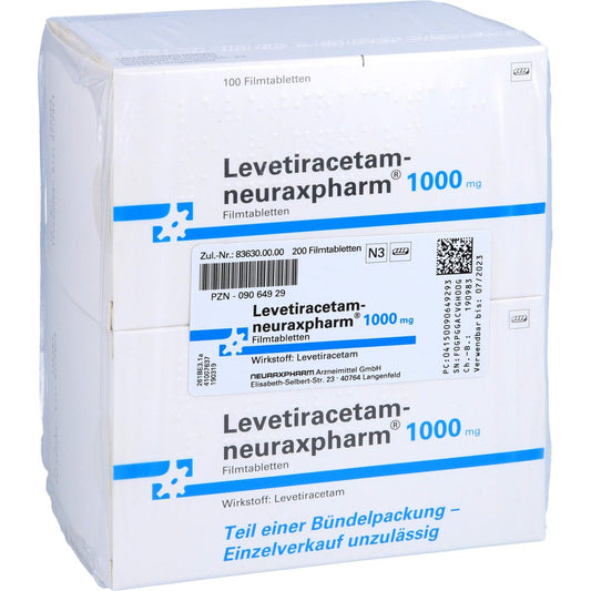Das Produktfoto zeigt Levetiracetam-Neuraxpharm 1000 Mg Filmtabletten (200 stk) PZN 09064929
