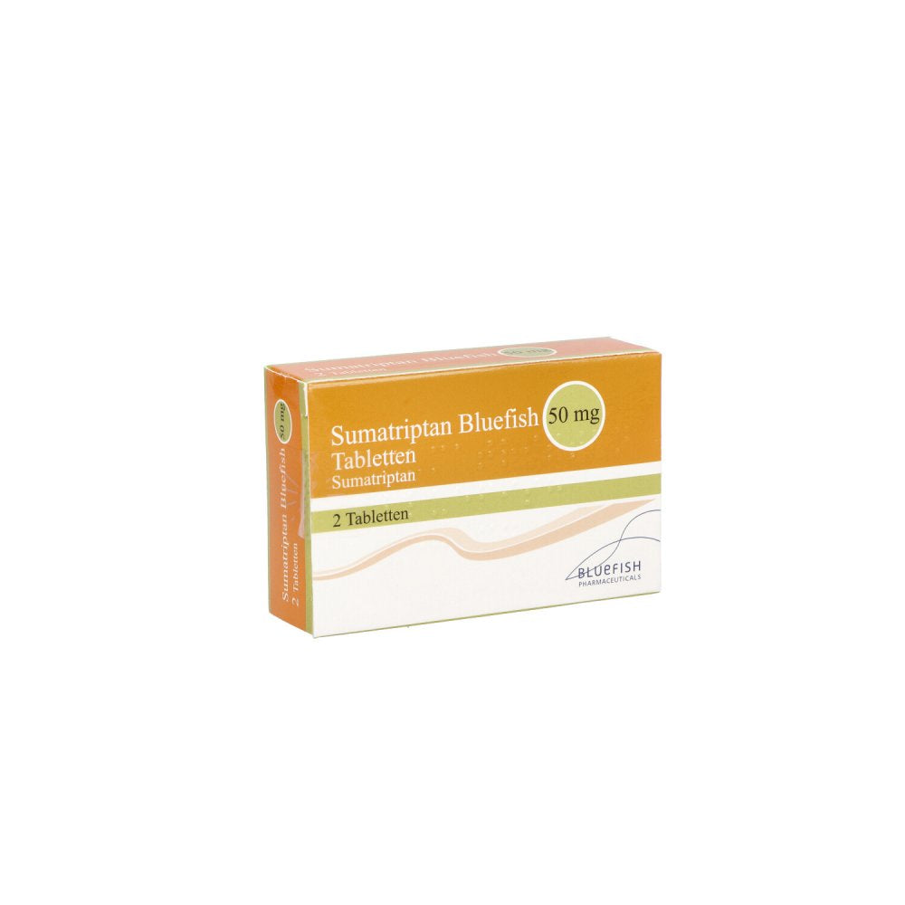 Das Produktfoto zeigt Sumatriptan Bluefish 50 Mg Tabletten (2 stk) PZN 09068554