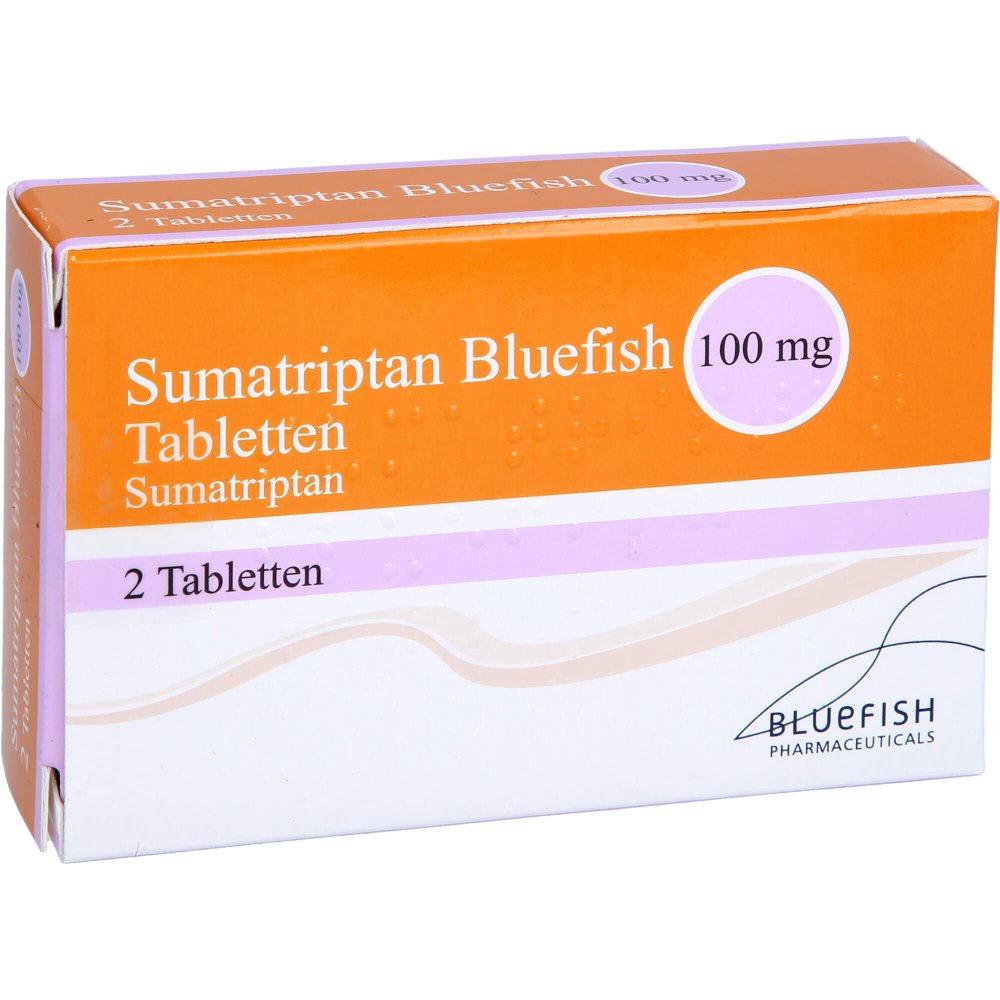 Das Produktfoto zeigt Sumatriptan Bluefish 100 Mg Tabletten (2 stk) PZN 09068666