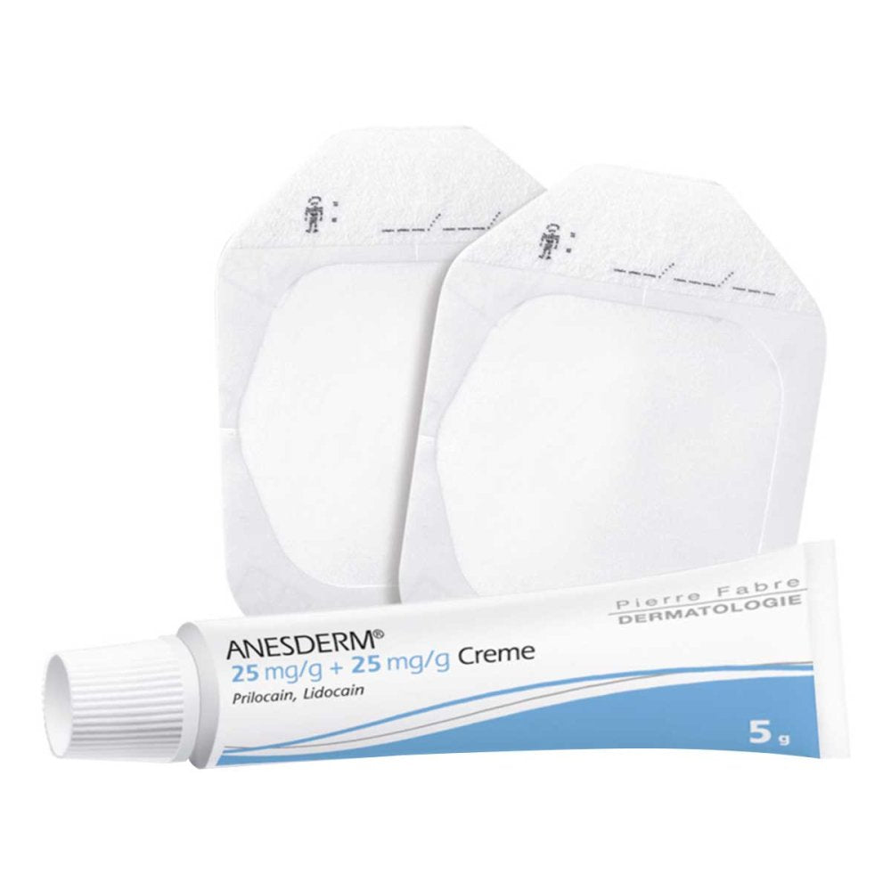 Das Produktfoto zeigt Anesderm 25 Mg/G + 25 Mg/G Creme + 2 Pflaster (5 g) PZN 09071496