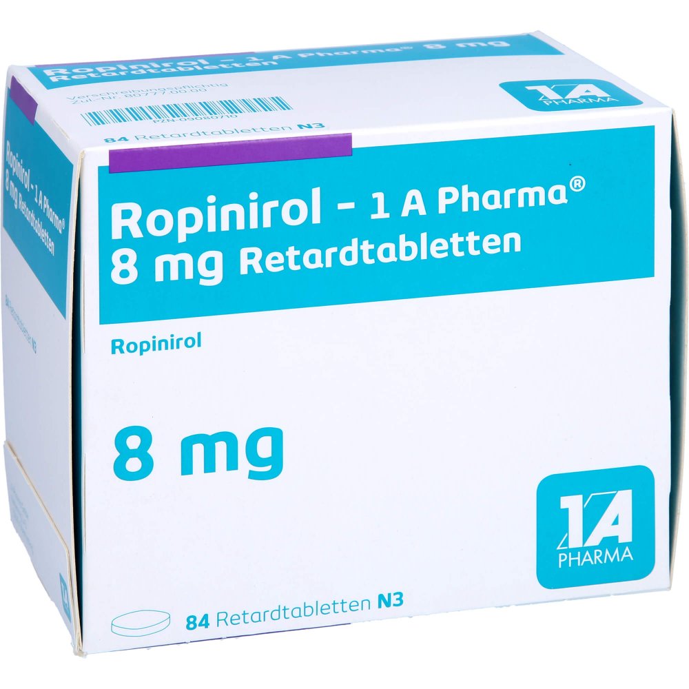 Das Produktfoto zeigt Ropinirol-1a Pharma 8 Mg Retardtabletten (84 stk) PZN 09080710
