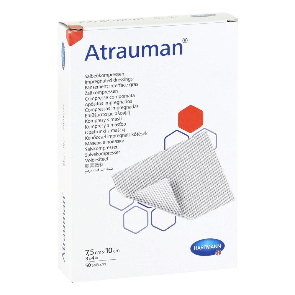 Das Produktfoto zeigt Atrauman 7,5x10 Cm Steril Kompressen (50 stk) PZN 09083370