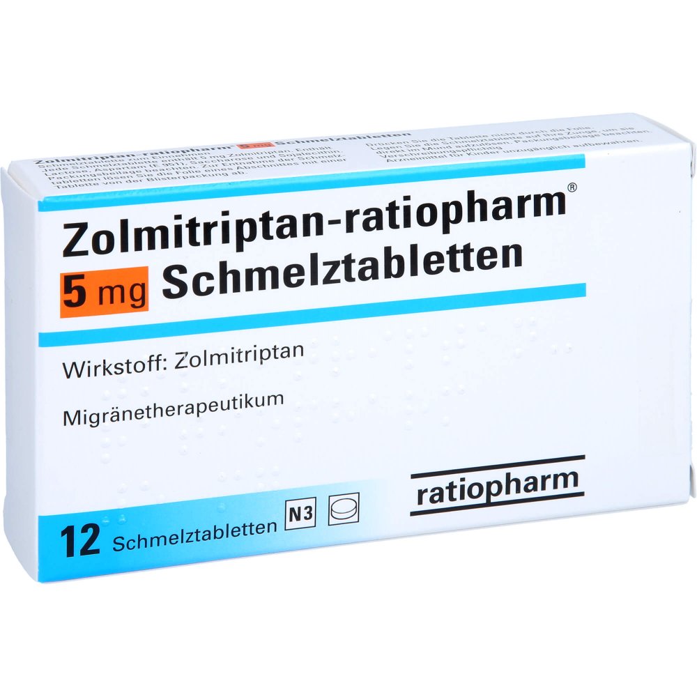 Das Produktfoto zeigt Zolmitriptan-Ratiopharm 5 Mg Schmelztabletten (12 stk) PZN 09087126