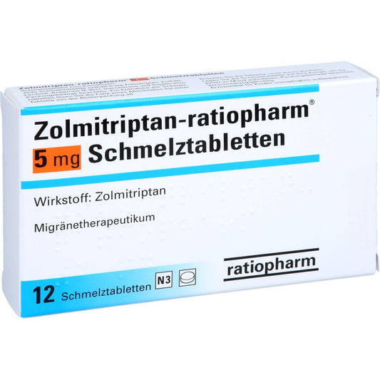 Das Produktfoto zeigt Zolmitriptan-Ratiopharm 5 Mg Schmelztabletten (12 stk) PZN 09087126