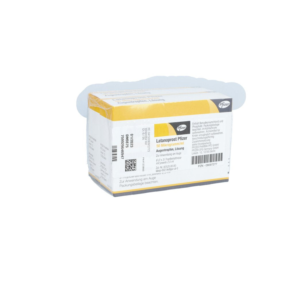 Das Produktfoto zeigt Latanoprost Pfizer 50 Mikrogramm/Ml Augentropfen (6X2.5 ml) PZN 09097277