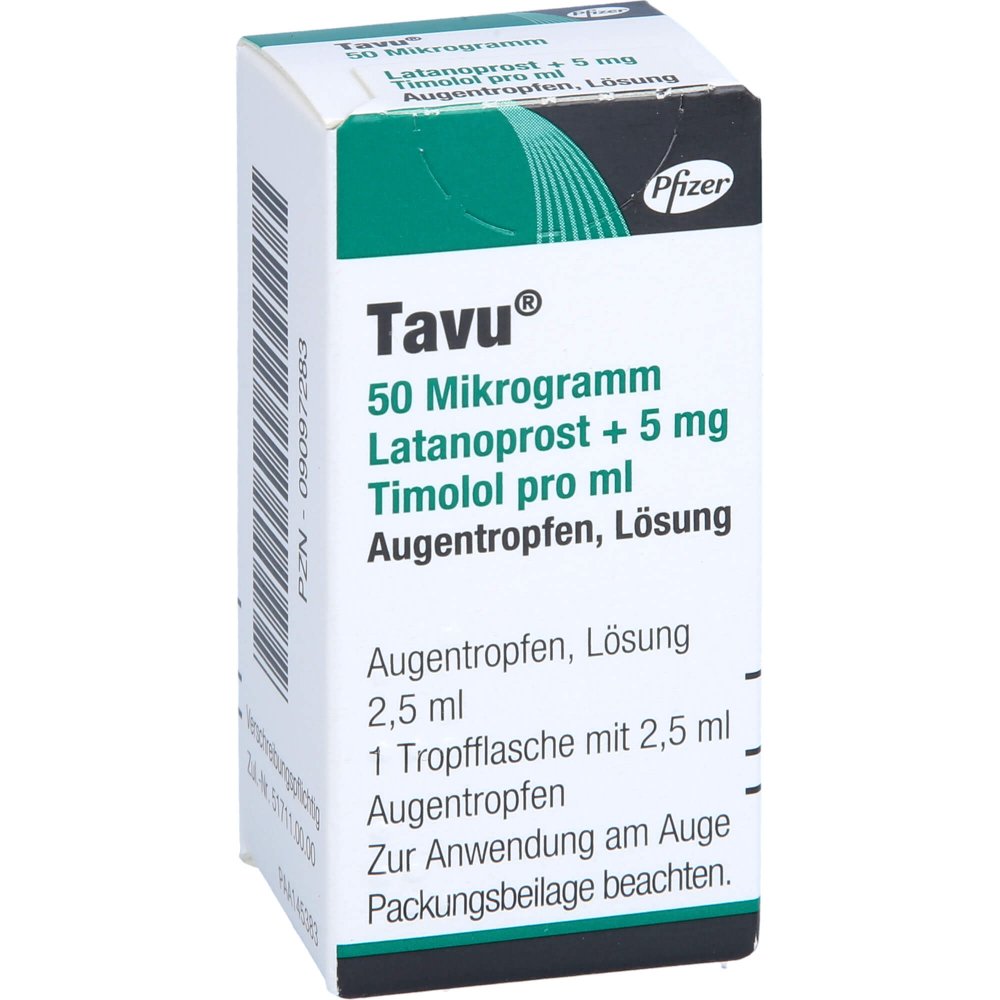 Das Produktfoto zeigt Tavu 50 Μg Latanoprost + 5 Mg Timolol Pro Ml Atr (2.5 ml) PZN 09097283