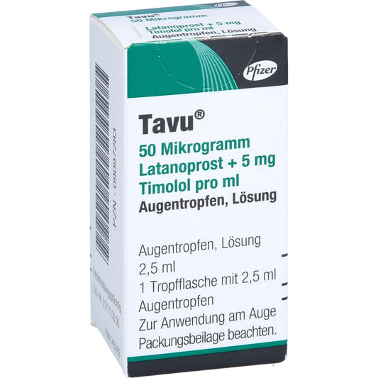 Das Produktfoto zeigt Tavu 50 Μg Latanoprost + 5 Mg Timolol Pro Ml Atr (2.5 ml) PZN 09097283