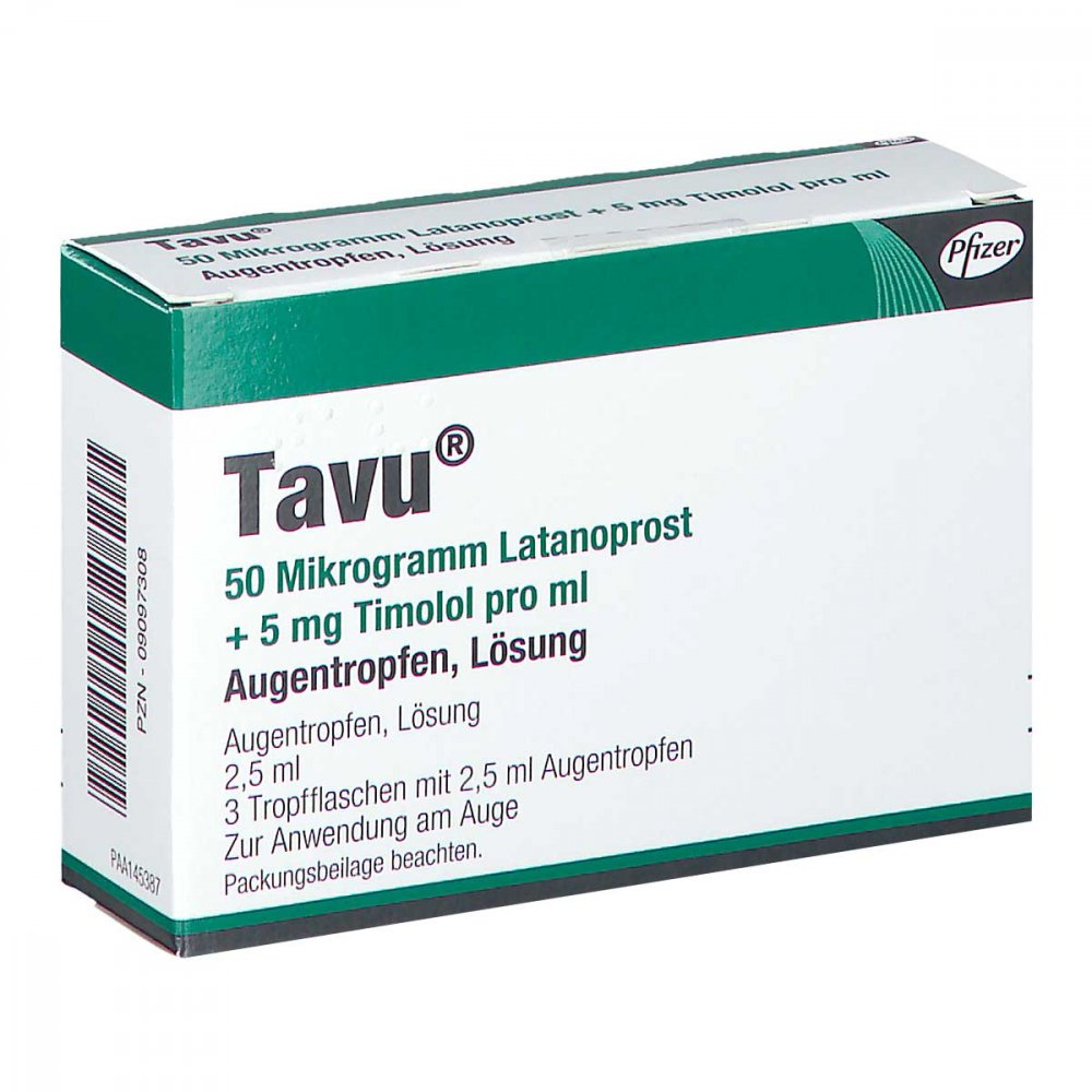 Das Produktfoto zeigt Tavu 50 Μg Latanoprost + 5 Mg Timolol Pro Ml Atr (3X2.5 ml) PZN 09097308