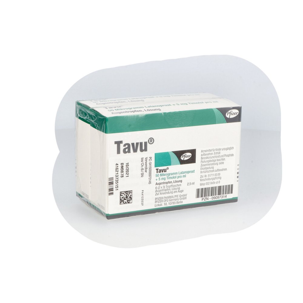 Das Produktfoto zeigt Tavu 50 Μg Latanoprost + 5 Mg Timolol Pro Ml Atr (6X2.5 ml) PZN 09097314