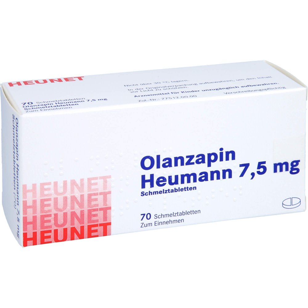 Das Produktfoto zeigt Olanzapin Heumann 7,5 Mg Schmelztabletten Heunet (70 stk) PZN 09100128