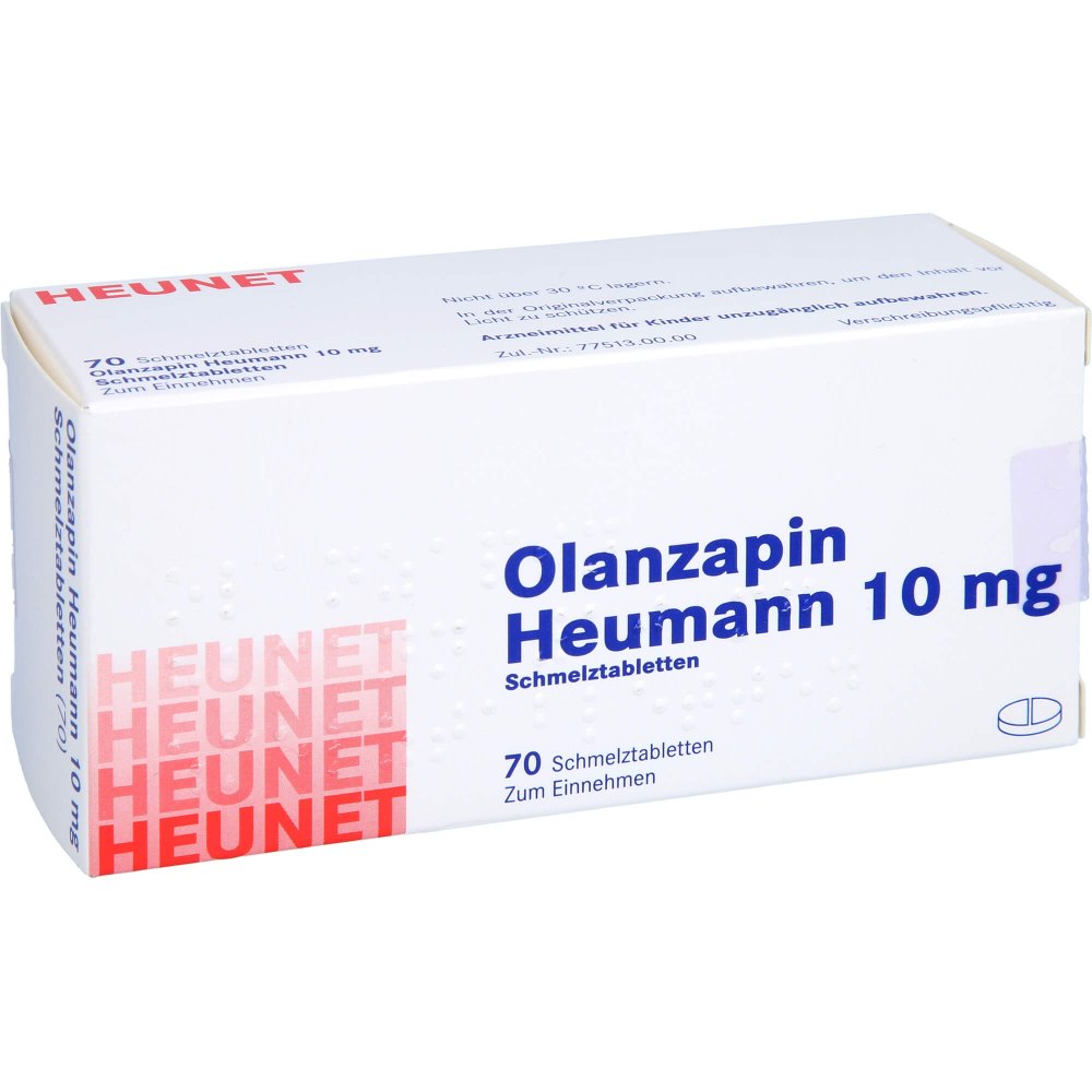 Das Produktfoto zeigt Olanzapin Heumann 10 Mg Schmelztabletten Heunet (70 stk) PZN 09100157