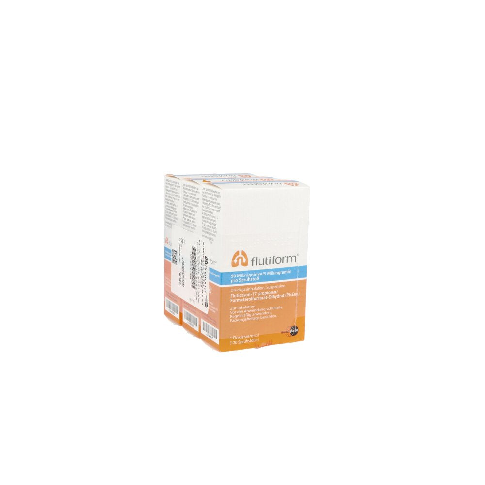 Das Produktfoto zeigt Flutiform 50 Μg/5 Μg 3x120 Hub Dosieraerosol (3 stk) PZN 09101464