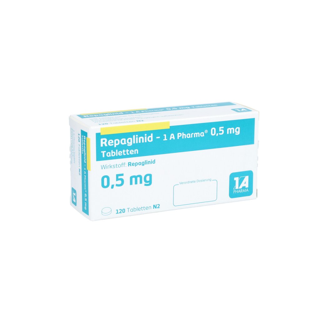 Das Produktfoto zeigt Repaglinid-1a Pharma 0,5 Mg Tabletten (120 stk) PZN 09121171