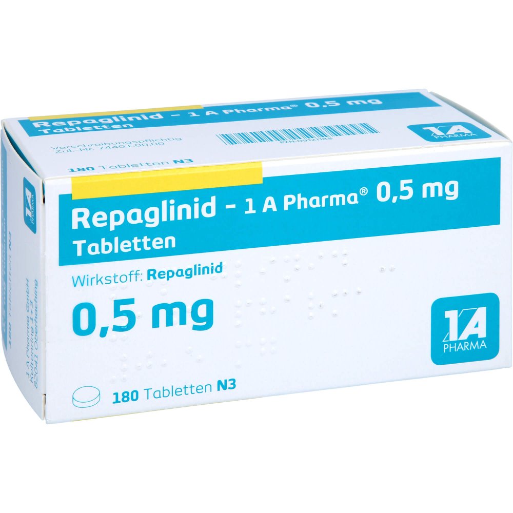 Das Produktfoto zeigt Repaglinid-1a Pharma 0,5 Mg Tabletten (180 stk) PZN 09121188
