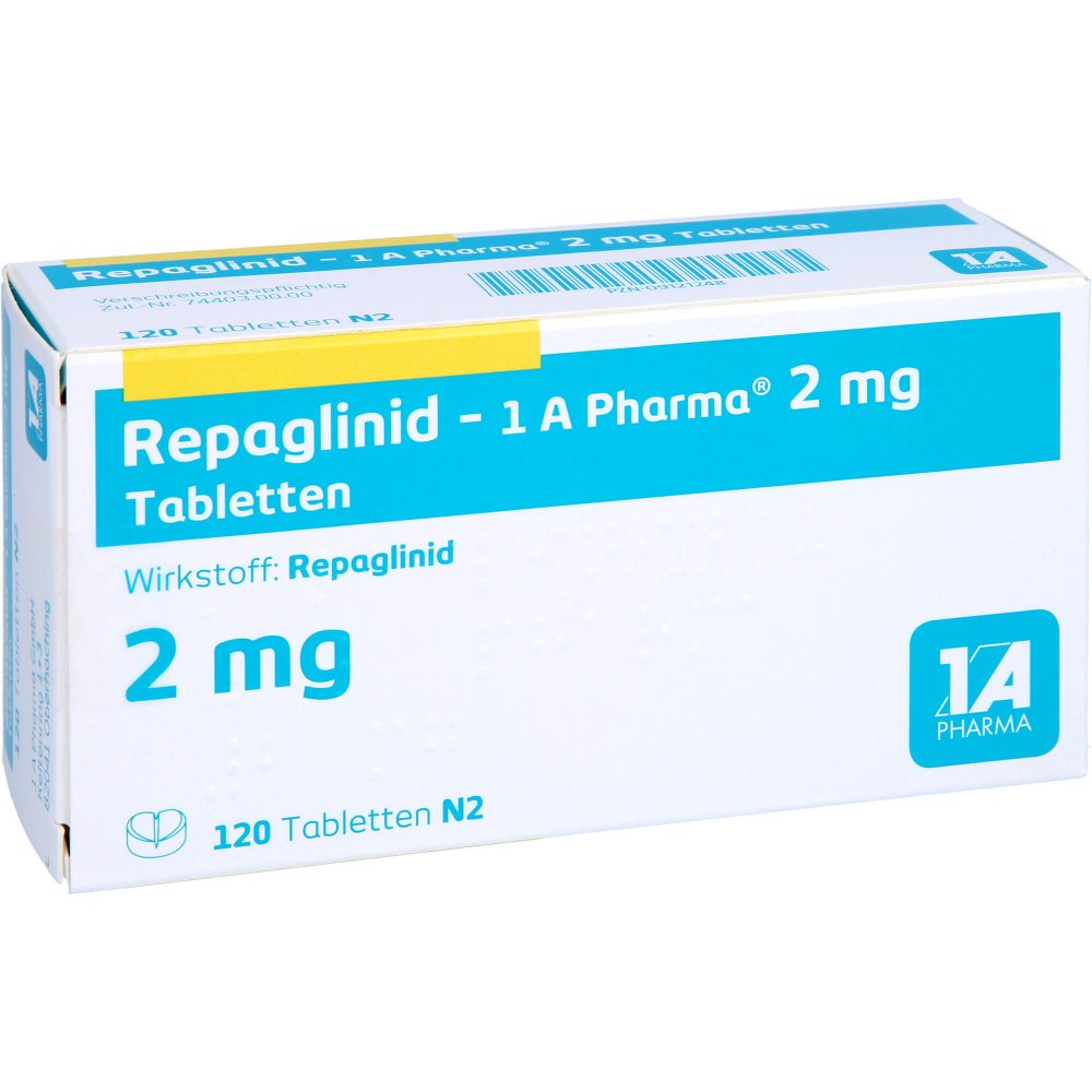 Das Produktfoto zeigt Repaglinid-1a Pharma 2 Mg Tabletten (120 stk) PZN 09121248