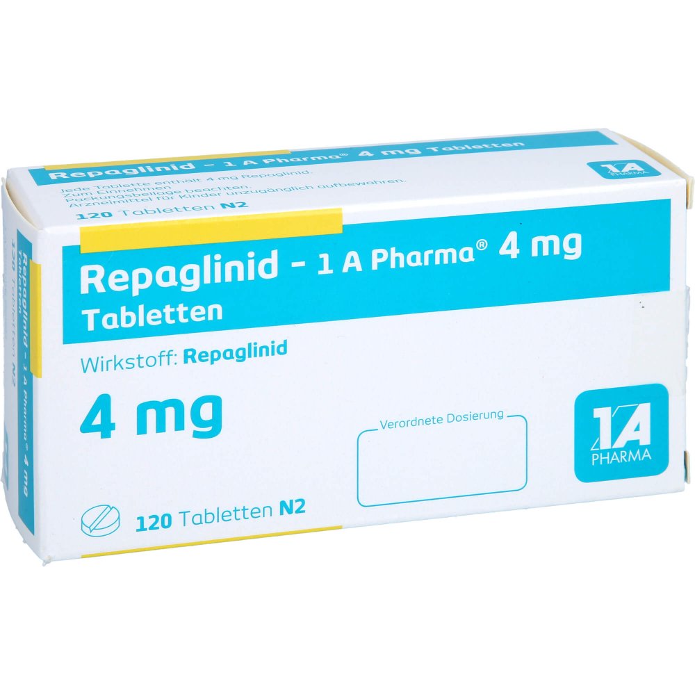 Das Produktfoto zeigt Repaglinid-1a Pharma 4 Mg Tabletten (120 stk) PZN 09121308