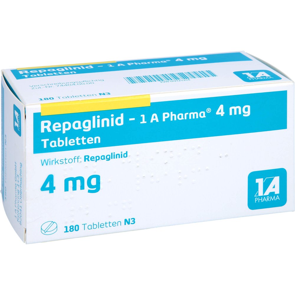 Das Produktfoto zeigt Repaglinid-1a Pharma 4 Mg Tabletten (180 stk) PZN 09121314