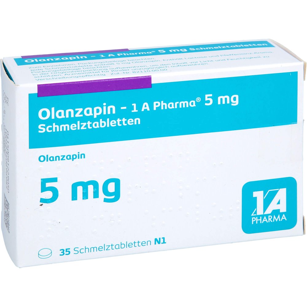 Das Produktfoto zeigt Olanzapin-1a Pharma 5 Mg Schmelztabletten (35 stk) PZN 09122905